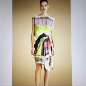 Rachel Roy Watercolor Pleat Dress Draped Asymmetrical Artsy Multicolor Size XL